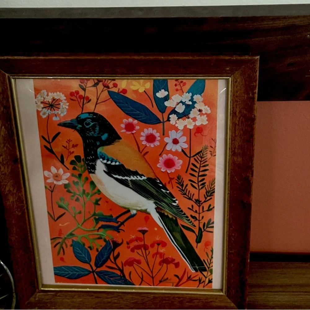 Bright Magpie Crow Canvas Print Vintage Wood & Gold Framed Wall Art Print Bird